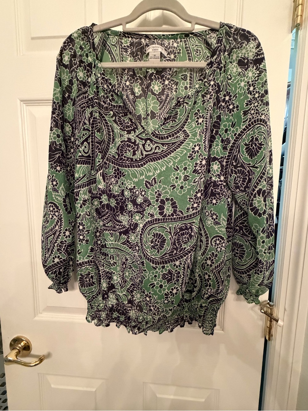 Liz Claiborne Green and Navy Paisley V-Neck Blouse